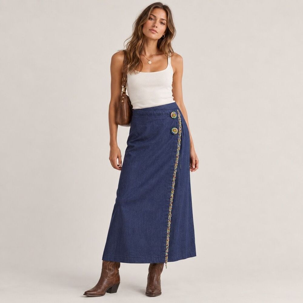 Vintage Handmade Denim Beaded Western Southwestern Wrap Skirt Size 16